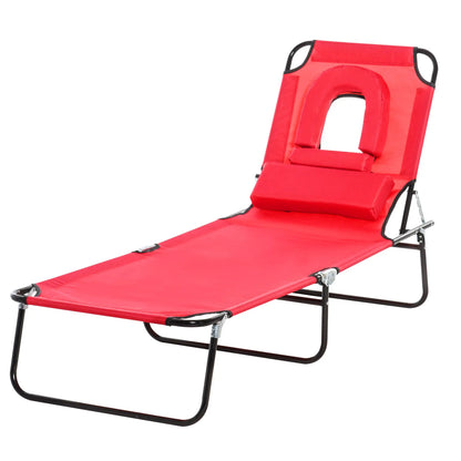 Adjustable Outdoor Lounge Chair, Folding Chaise with Face Hole, Red