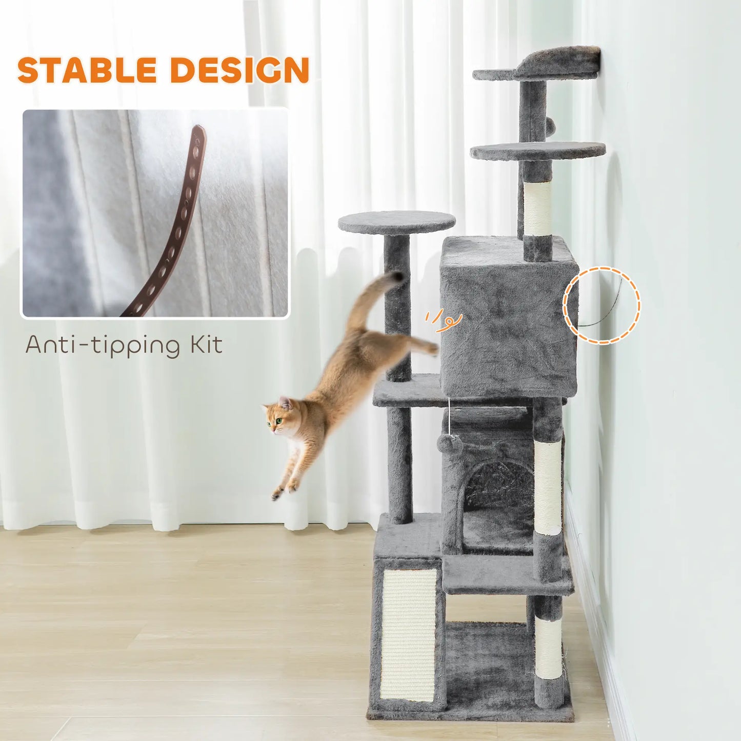 54" Cat Tree, Multi-Level Tower With Scratching Posts, Light Grey