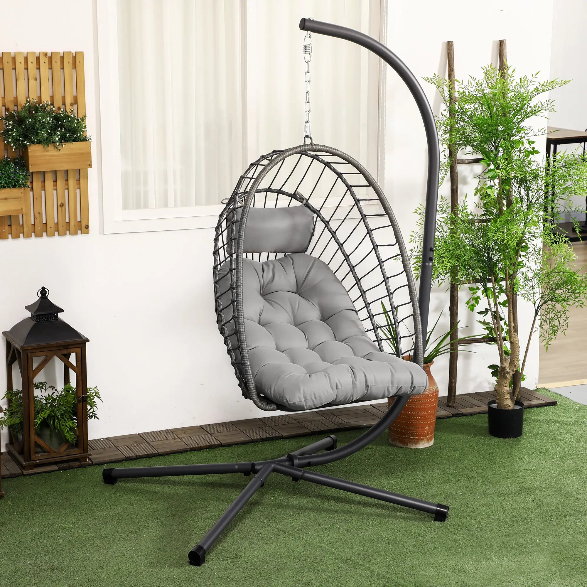Hanging Egg Chair With Stand, Foldable Wicker Rattan Swing, Light Grey Patio Swings with Stand at Gallery Canada