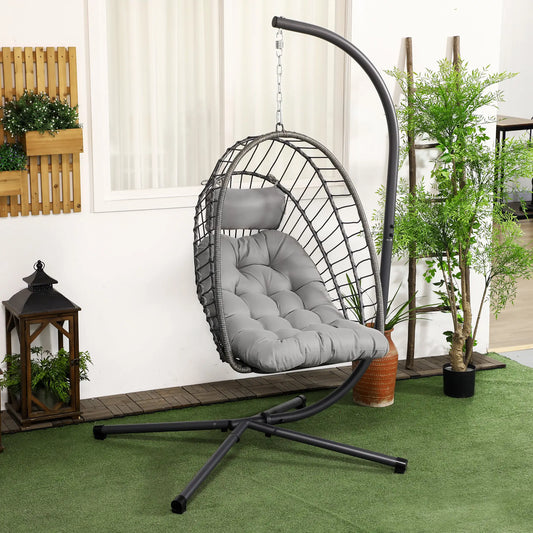 Hanging Egg Chair With Stand, Foldable Wicker Rattan Swing, Light Grey Patio Swings with Stand Light Grey at Gallery Canada
