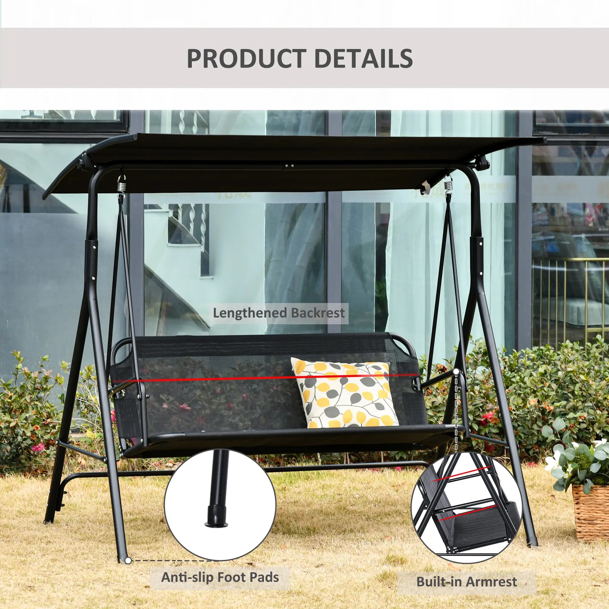2-Person Porch Swing Chair, Adjustable Canopy, Breathable Seat, Black Patio Swings with Stand at Gallery Canada