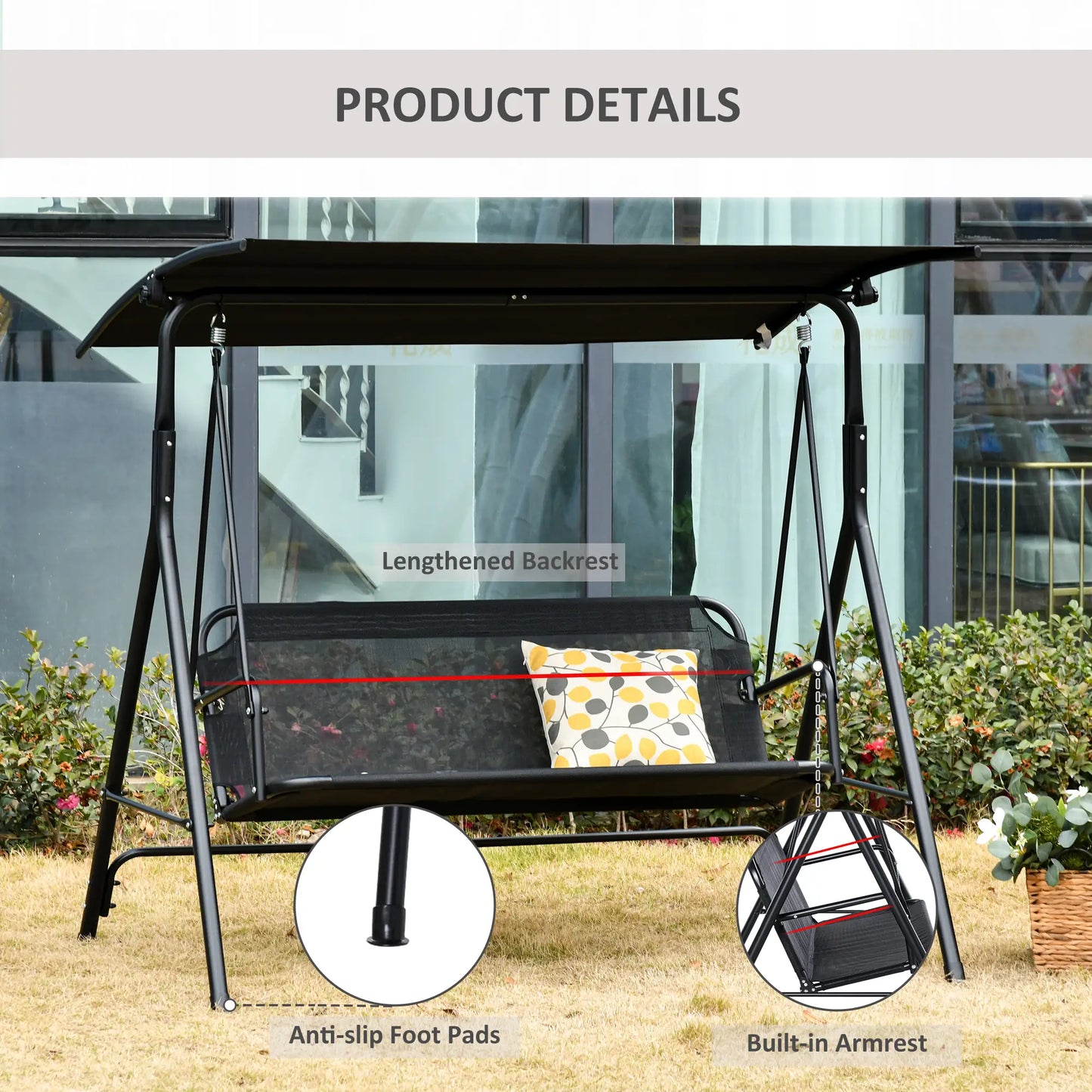2-Person Porch Swing Chair, Adjustable Canopy, Breathable Seat, Black Patio Swings with Stand at Gallery Canada