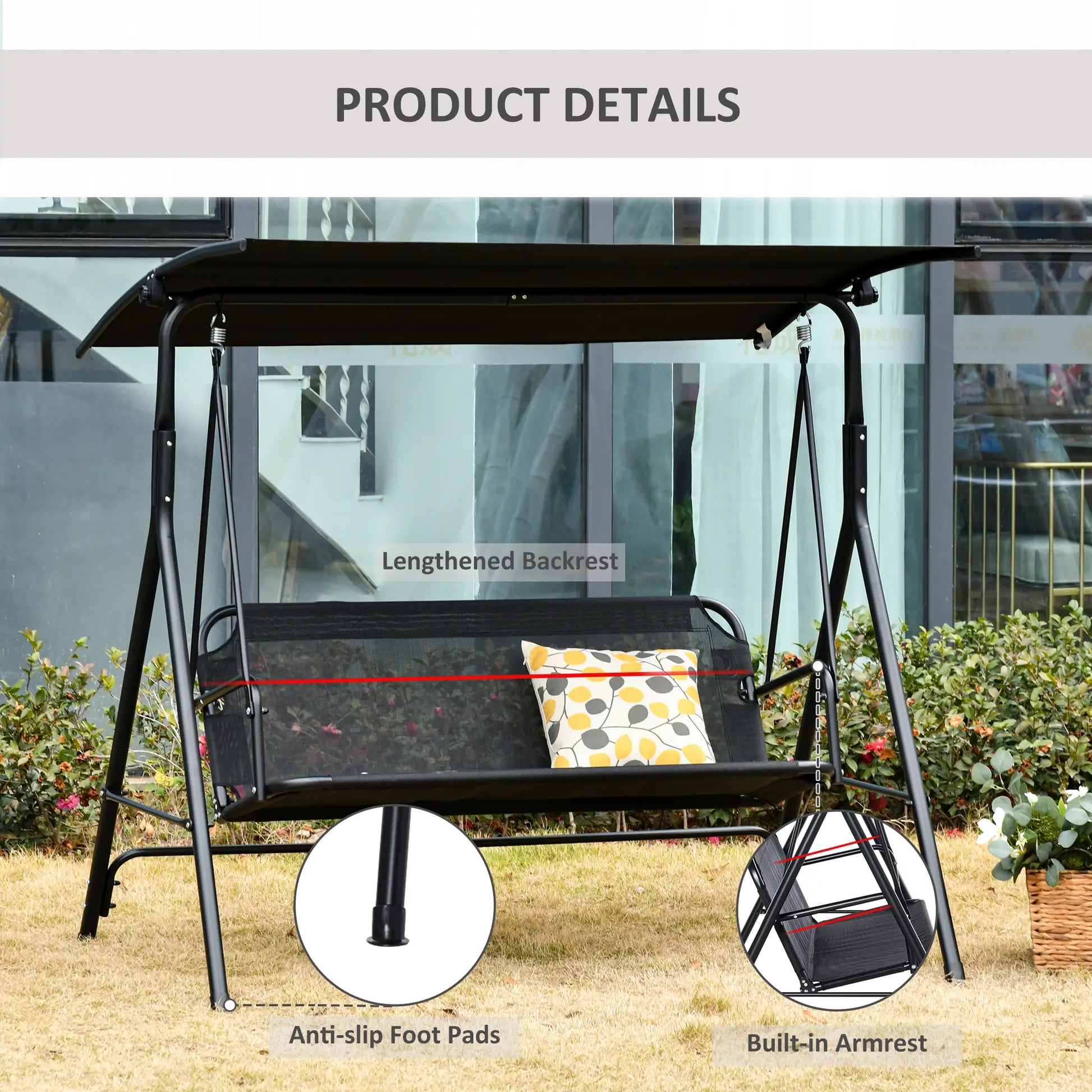 2-Person Porch Swing Chair, Adjustable Canopy, Breathable Seat, Black Patio Swings with Stand at Gallery Canada