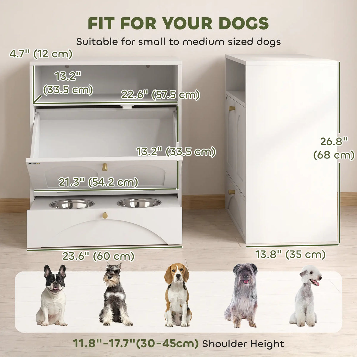 Dog Feeding Station, Food Storage Cabinet, 2 Elevated Bowls, White, White Dog Bowls at Gallery Canada