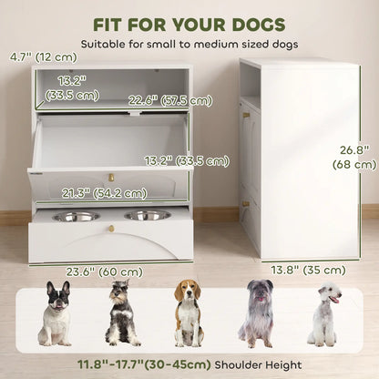 Dog Feeding Station, Food Storage Cabinet, 2 Elevated Bowls, White, White Dog Bowls at Gallery Canada
