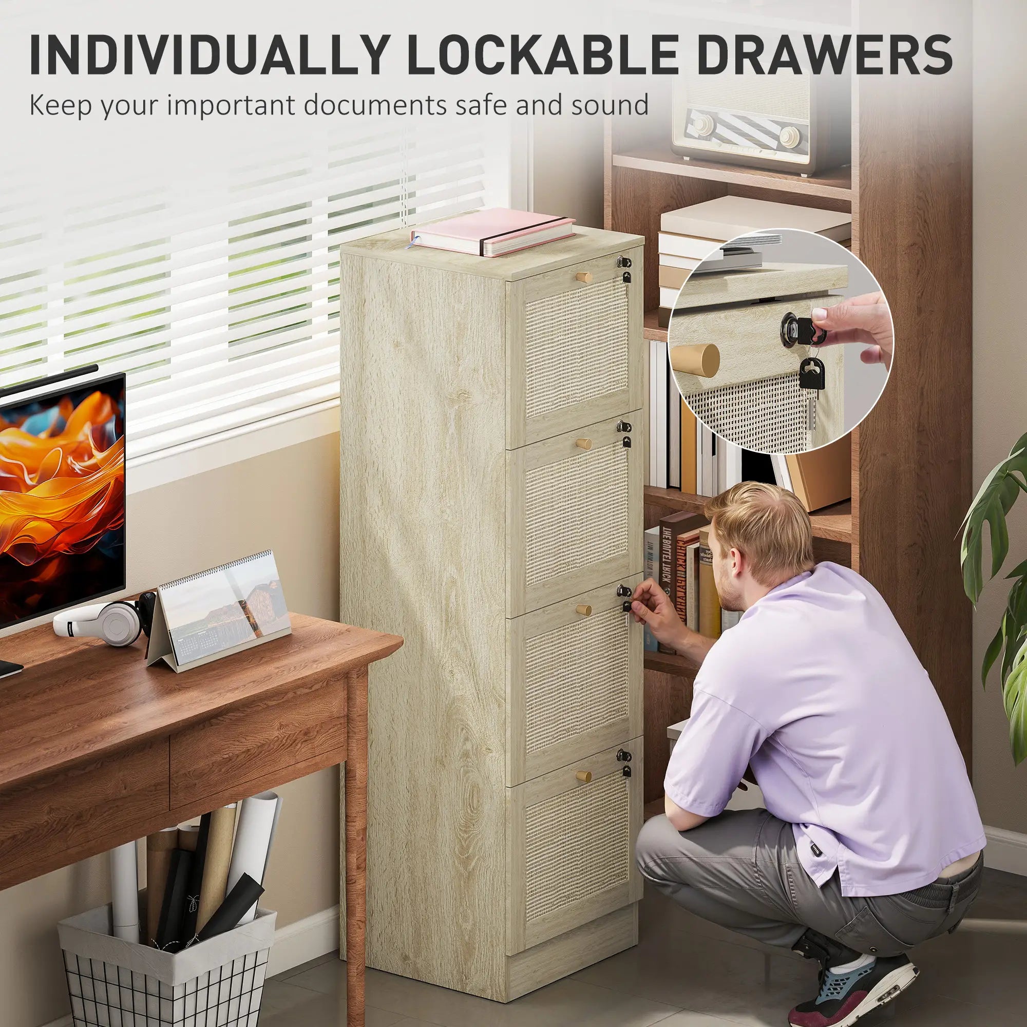 4 Drawer Filing Cabinet with Lock, Boho File Cabinet, A4 Letter Size, Oak Office Cabinets & Cupboards at Gallery Canada