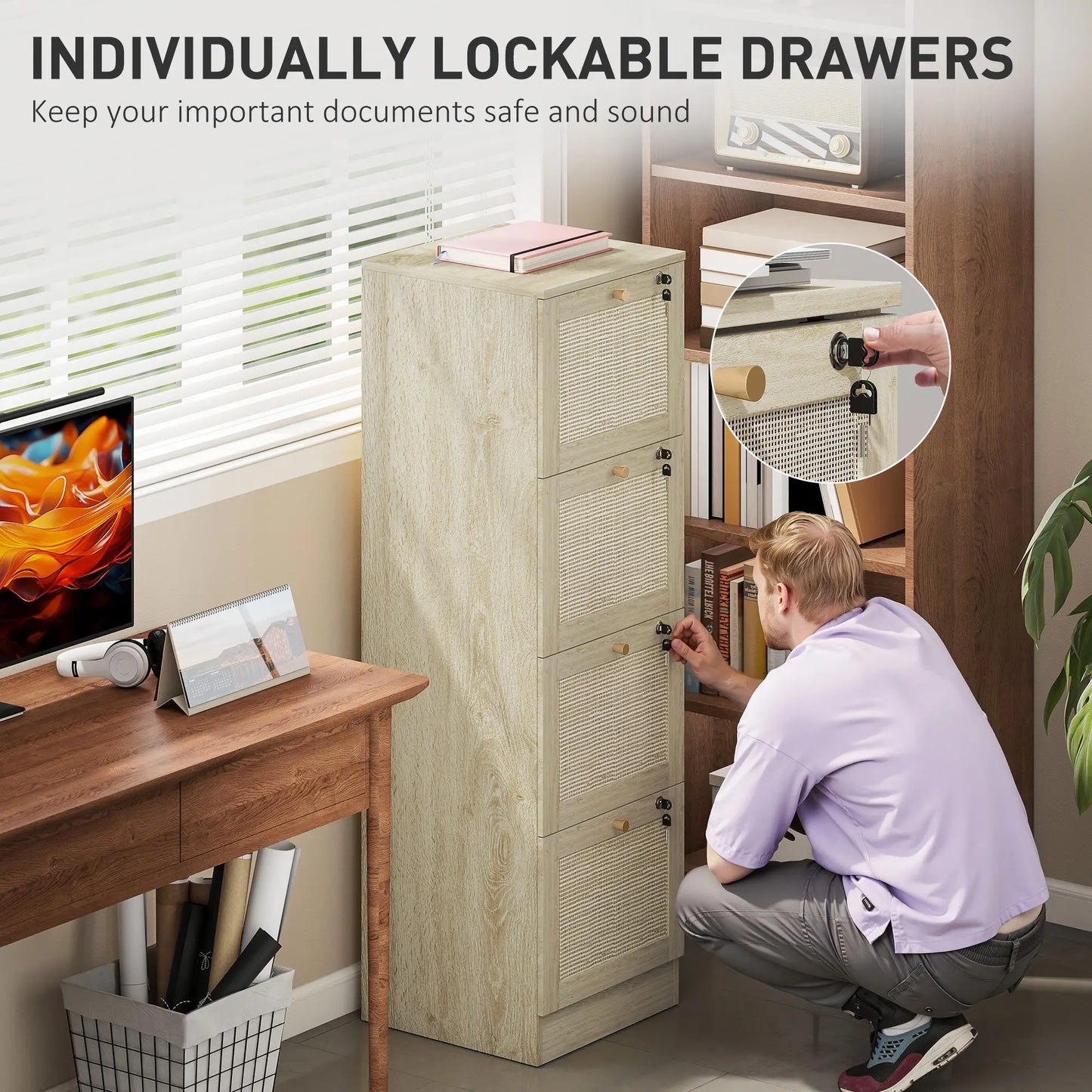 4 Drawer Filing Cabinet with Lock, Boho File Cabinet, A4 Letter Size, Oak Office Cabinets & Cupboards at Gallery Canada