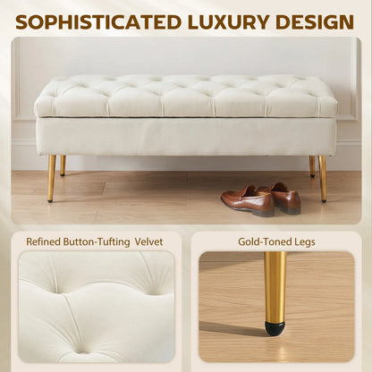 Upholstered Bedroom Bench with Gold Tone Metal Legs, Velvet Tufted and Thick Padding, Beige