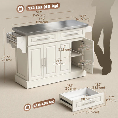 Rolling Kitchen Island with Storage, Stainless Steel Top, Drawers, Cream Kitchen Islands & Kitchen Carts at Gallery Canada