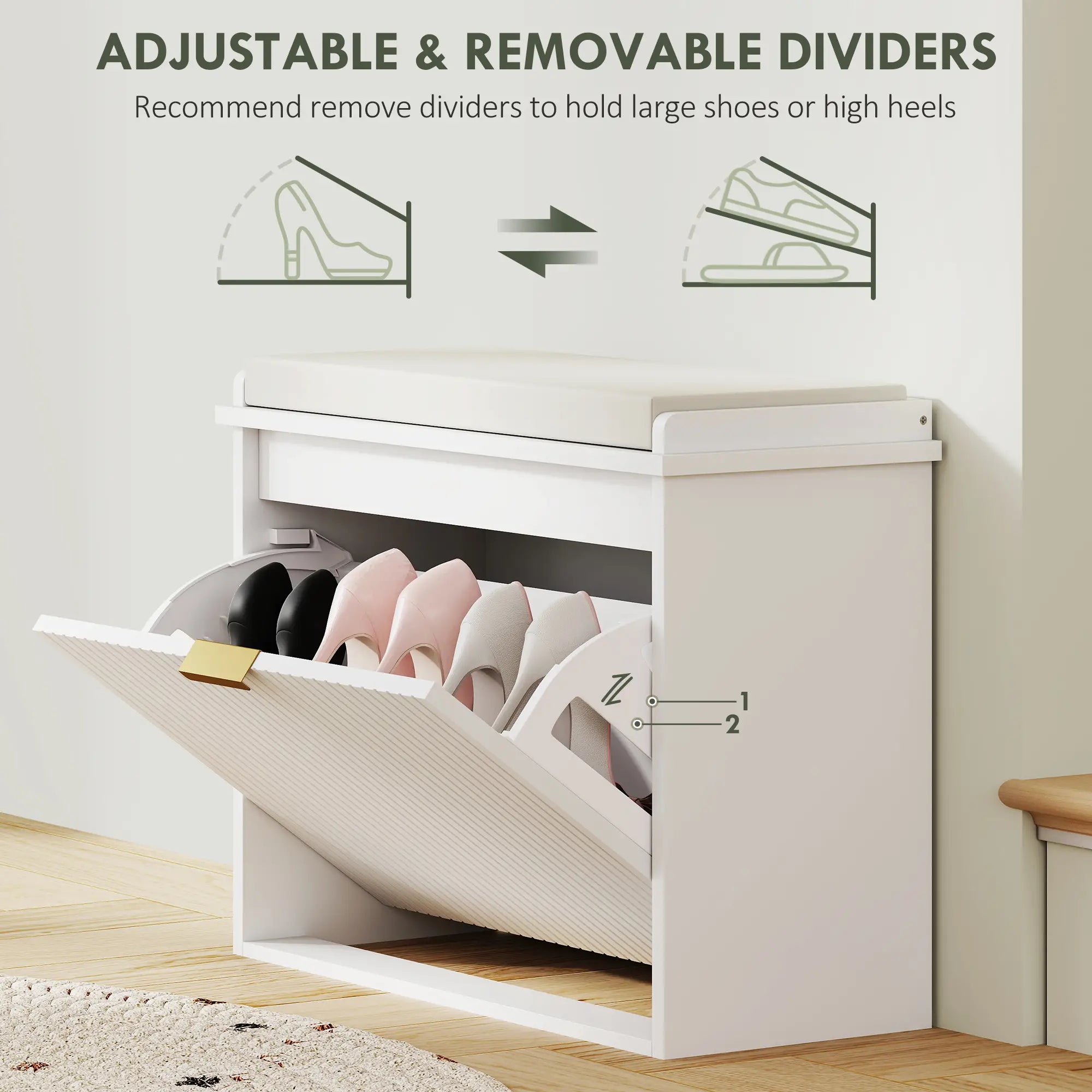 Entryway Bench with Padded Seat, Flip-Drawers, Holds 265lbs, Shoe Storage for 6 Pairs, White Shoe Storage Cabinets & Racks at Gallery Canada
