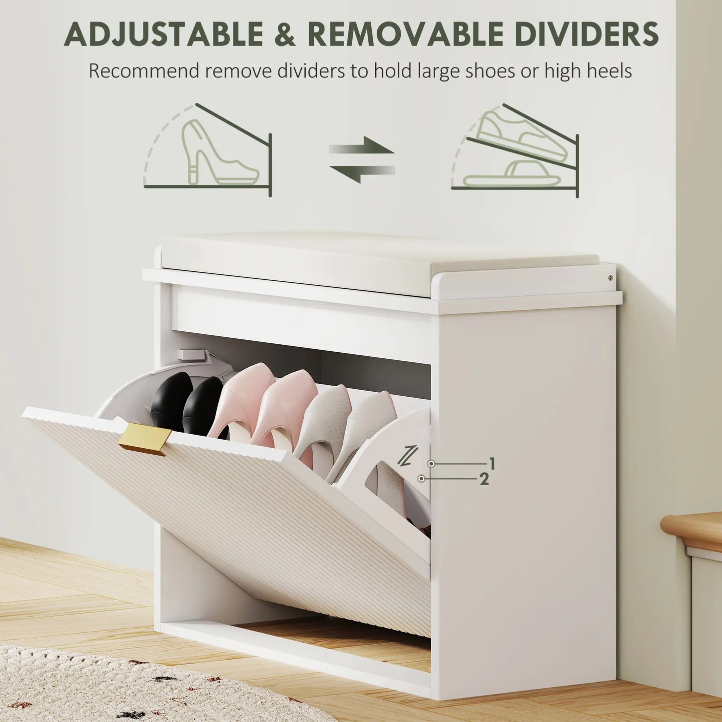 Entryway Bench with Padded Seat, Flip-Drawers, Holds 265lbs, Shoe Storage for 6 Pairs, White Shoe Storage Cabinets & Racks at Gallery Canada