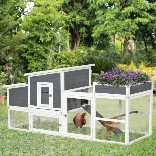 76" Wooden Chicken Coop, Outdoor Hen House Poultry Cage with Plant Box, Openable Roof, Outdoor Run, Nesting Box, Removable Tray and Lockable Doors, Grey - Gallery Canada