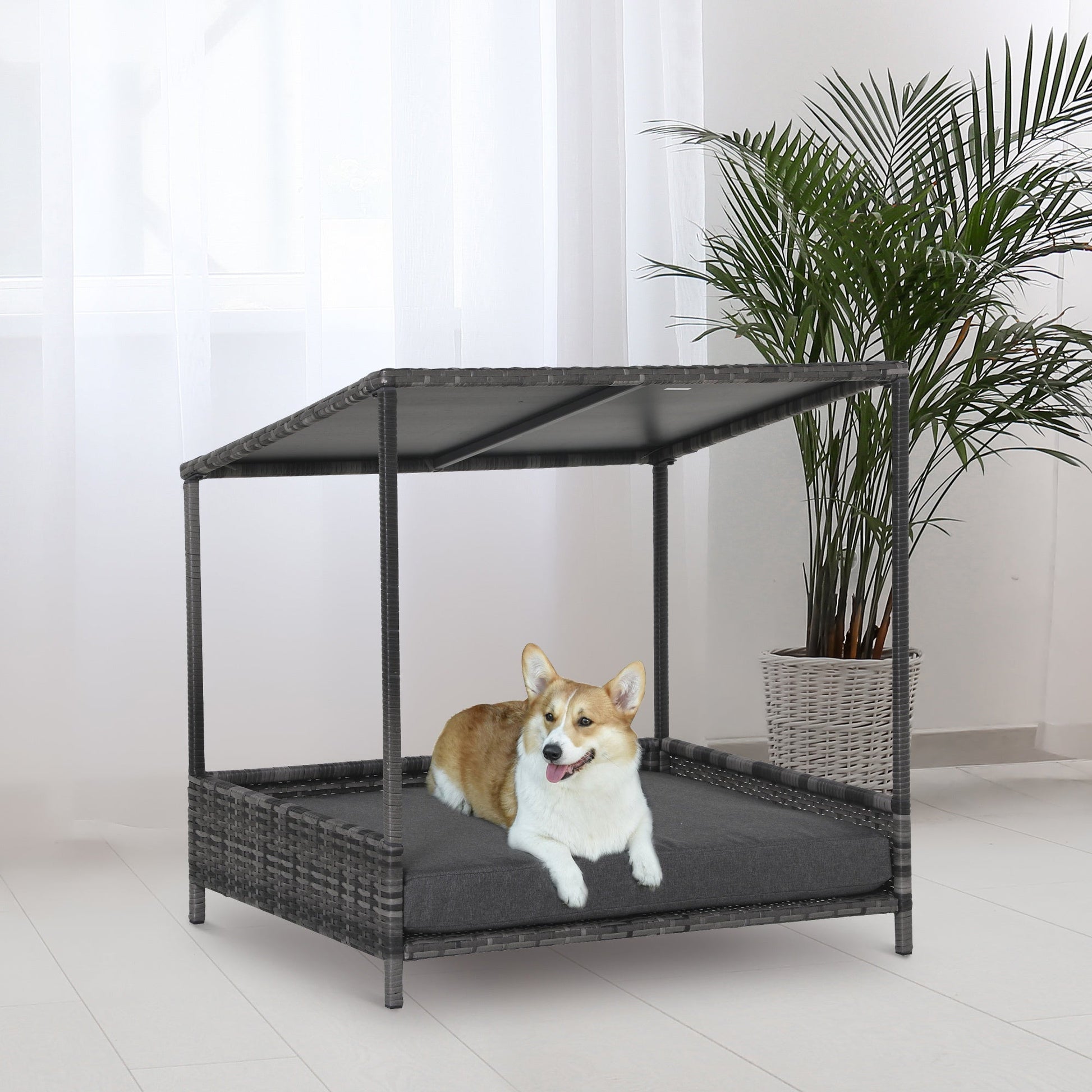 Wicker Dog House Raised Rattan Dog Cat Bed for Indoor Outdoor Garden Patio Pet Sofa with Cushion Medium Sized Pet Grey at Gallery Canada