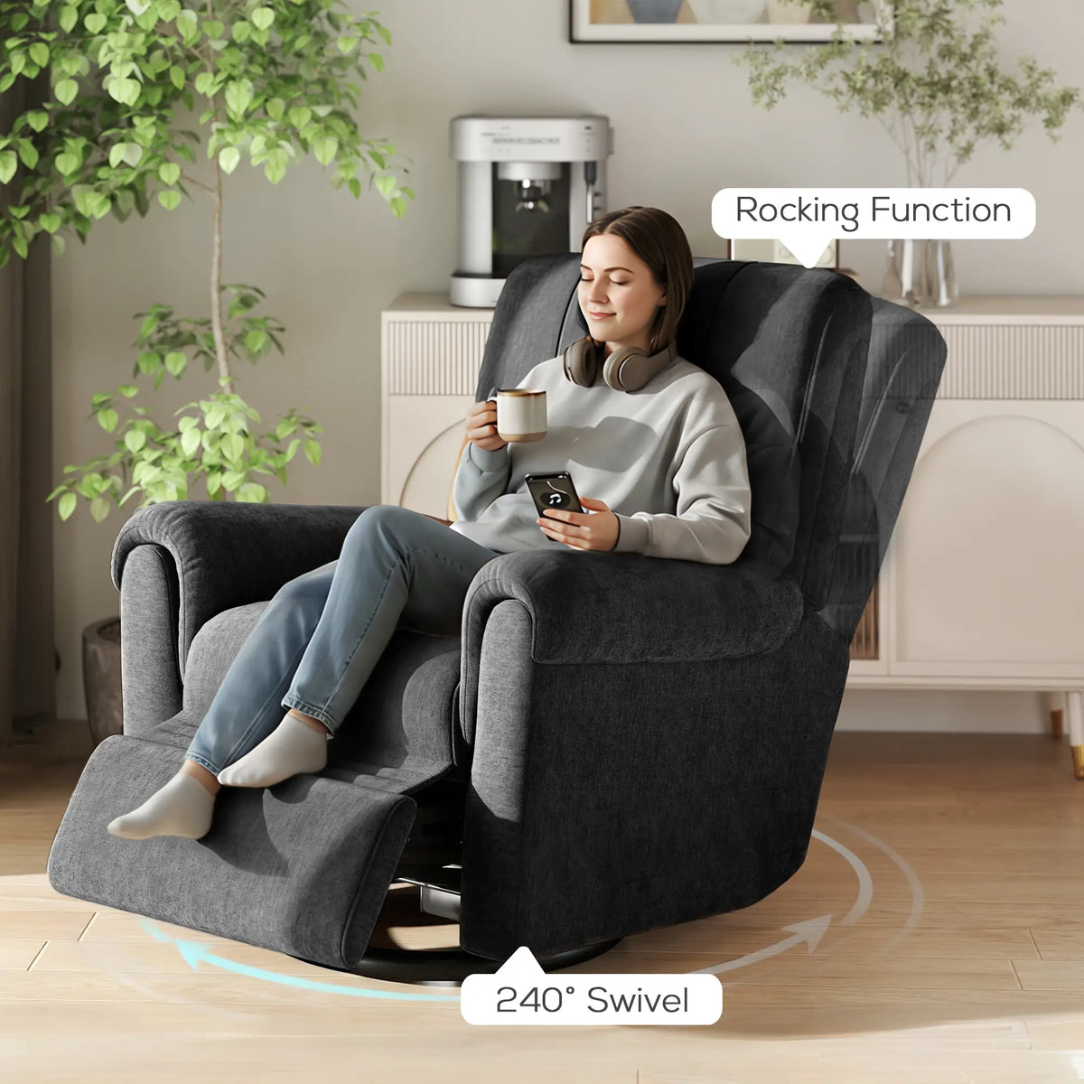 Power Recliner Chair, Fabric Upholstered, USB Ports, Swivel Rocking, Footrest, Black Single Sofas at Gallery Canada