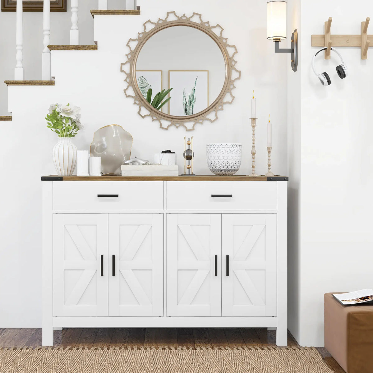 Farmhouse Buffet Cabinet, 2 Drawers, 2 Cabinets, Adjustable Shelves, White
