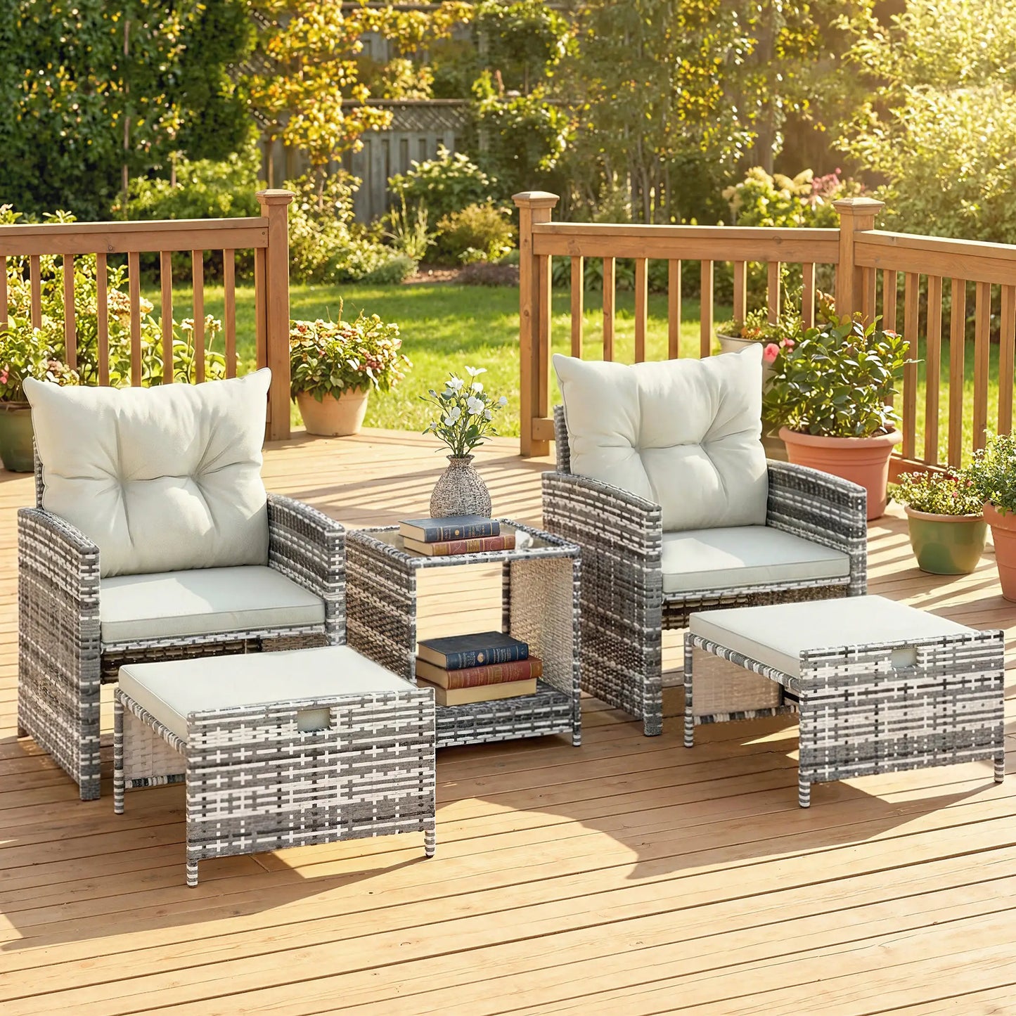 5 Piece Patio Furniture Set, Wicker Chairs With Ottomans, 2-Tier Glass Coffee Table, Grey/Cream White Patio Furniture Sets at Gallery Canada