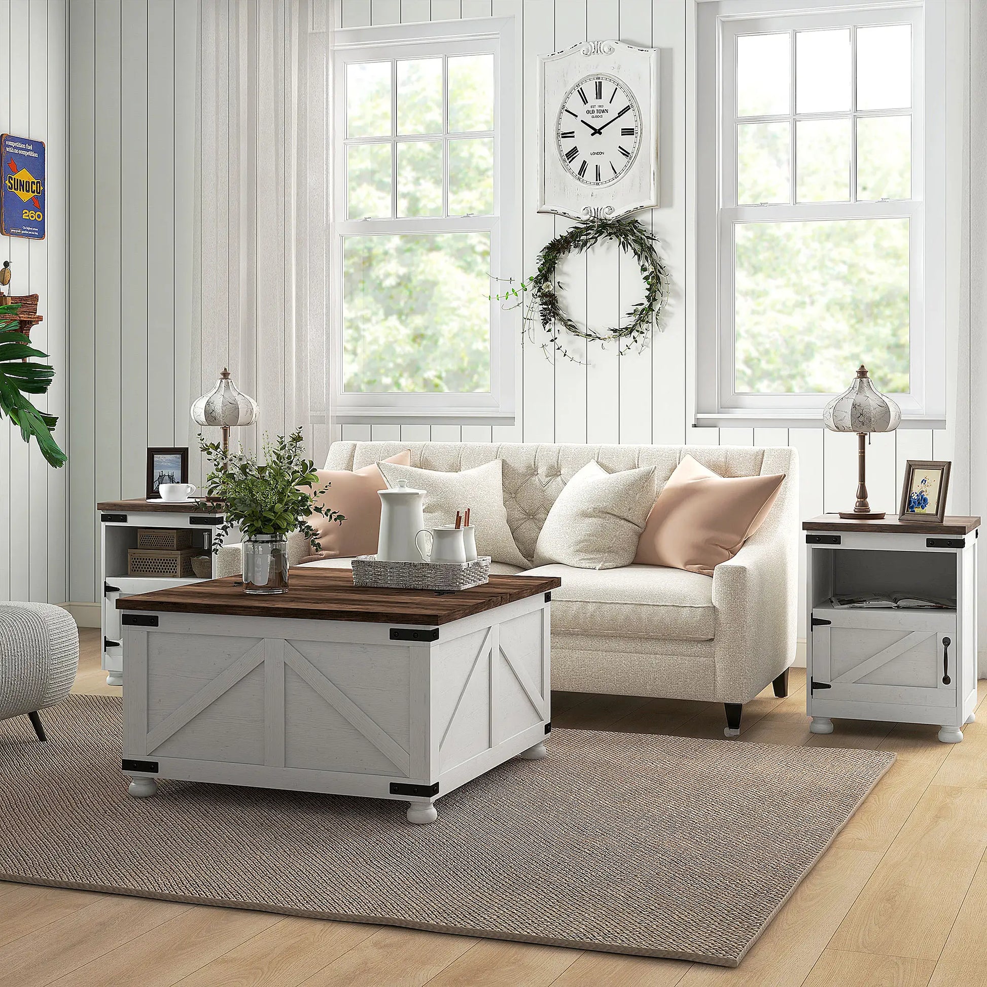 Lift Top Coffee Table, 32" Farmhouse with Hidden Compartment, Antique White, White Coffee Tables at Gallery Canada