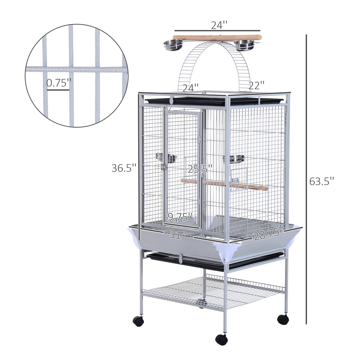 63" Large Parrot Cage, Finch Feeder, Play Top, Silver Bird Cages at Gallery Canada