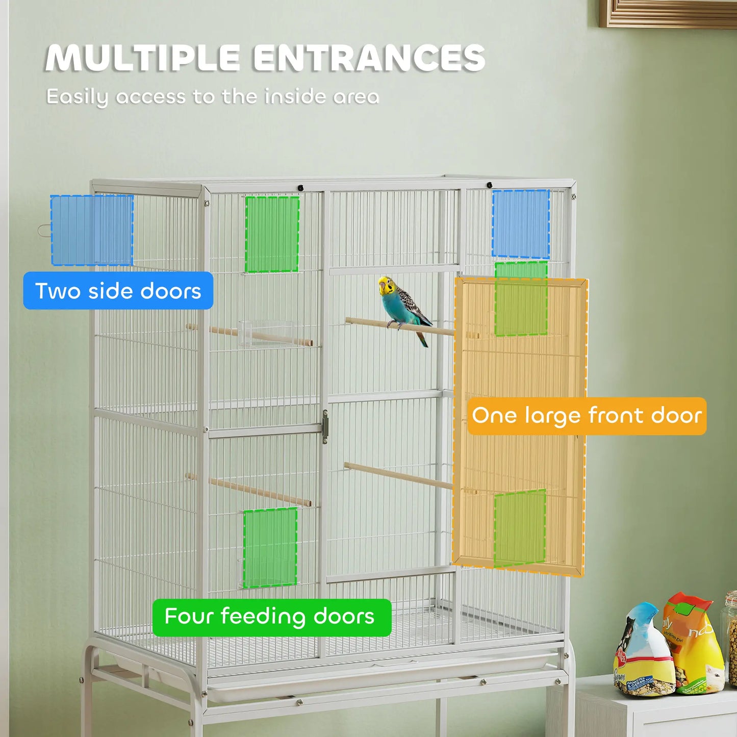 64" Large Rolling Bird Cage With Stand, Shelf, Perch, Food Container, White Bird Cages at Gallery Canada