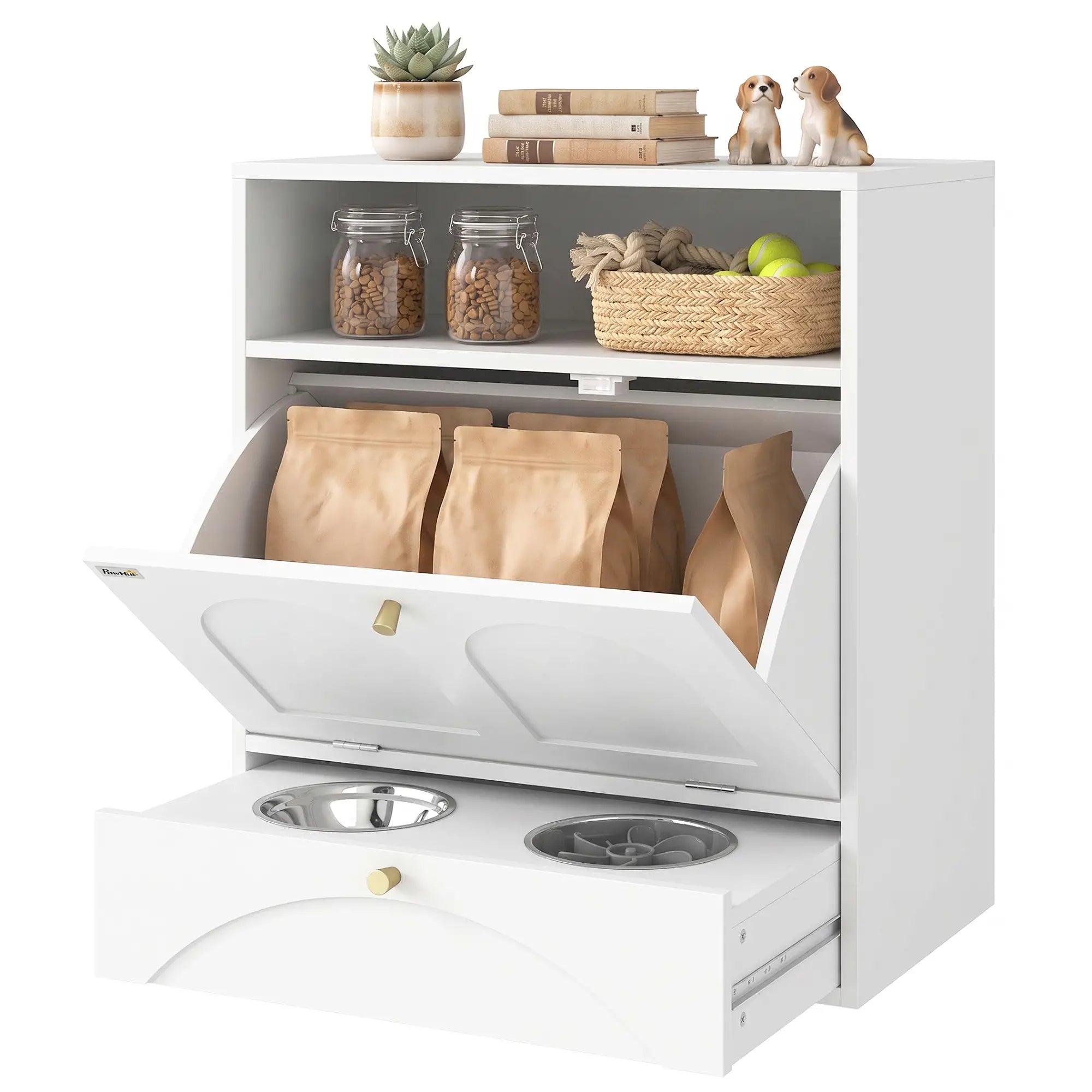Dog Feeding Station, Food Storage Cabinet, 2 Elevated Bowls, White, White Dog Bowls White at Gallery Canada