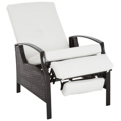 Outdoor Rattan Recliner Chair, Adjustable Back, Retractable Footrest, White Patio Chairs White at Gallery Canada