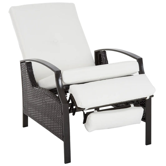 Outdoor Rattan Recliner Chair, Adjustable Back, Retractable Footrest, White Patio Chairs White at Gallery Canada