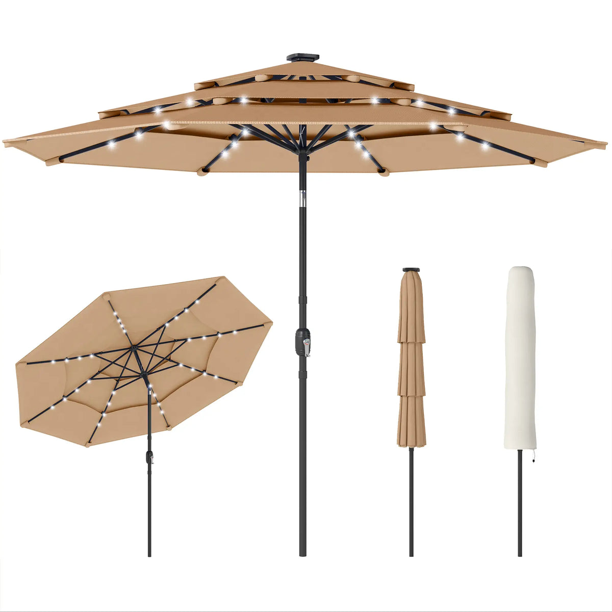 9.3 ft Patio Umbrella With Solar LED Lights, Cover, Tilt, Crank, Khaki Sun Umbrellas at Gallery Canada