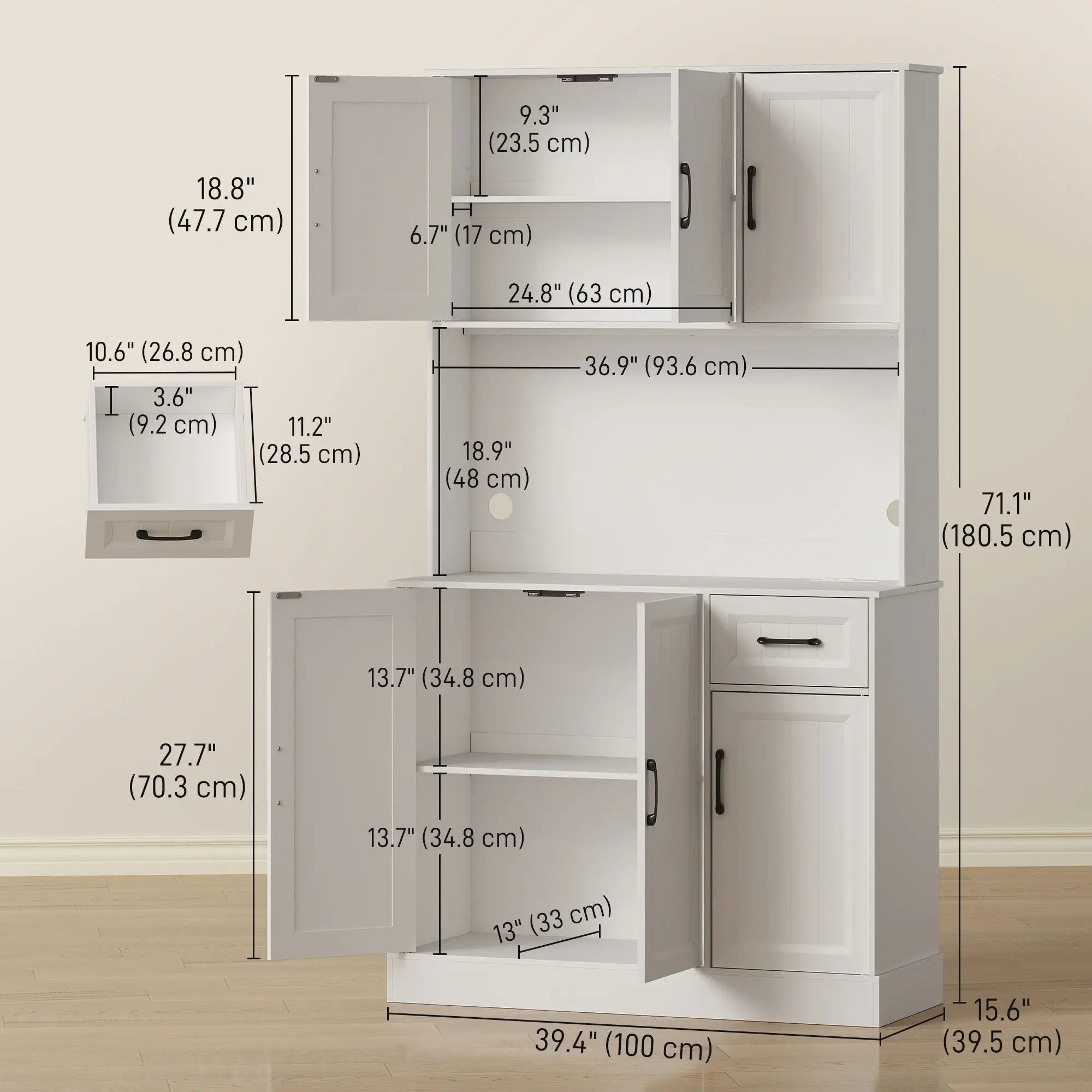 71 Inch Pantry Cabinet with Charging Station, Microwave Stand, Adjustable Shelves, White Kitchen Pantry Cabinets at Gallery Canada