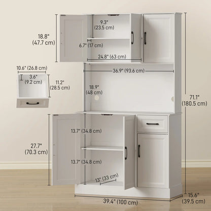 71 Inch Pantry Cabinet with Charging Station, Microwave Stand, Adjustable Shelves, White Kitchen Pantry Cabinets at Gallery Canada