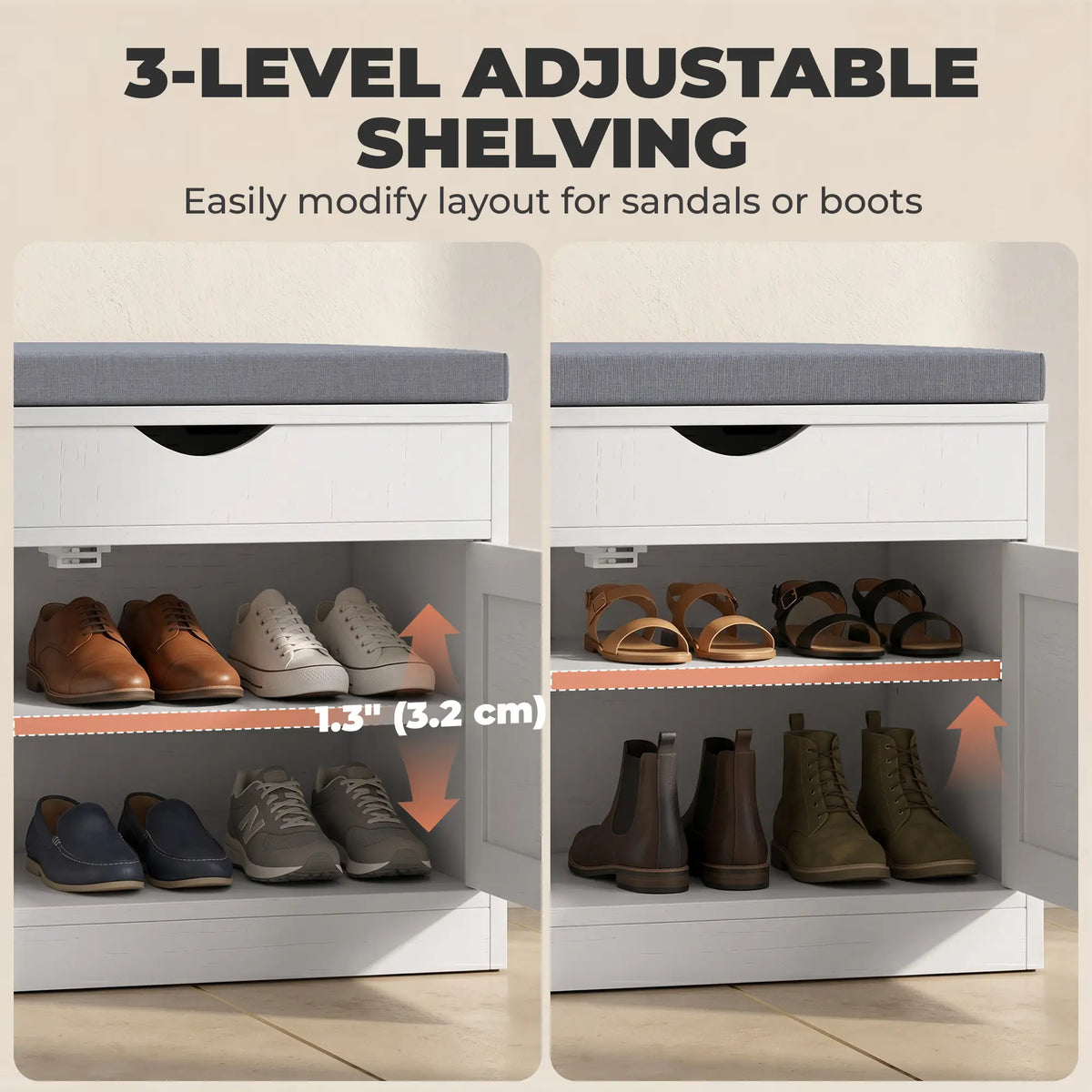 3-Door Shoe Bench with Cushion, Adjustable Shelves, White Shoe Storage Cabinets & Racks at Gallery Canada