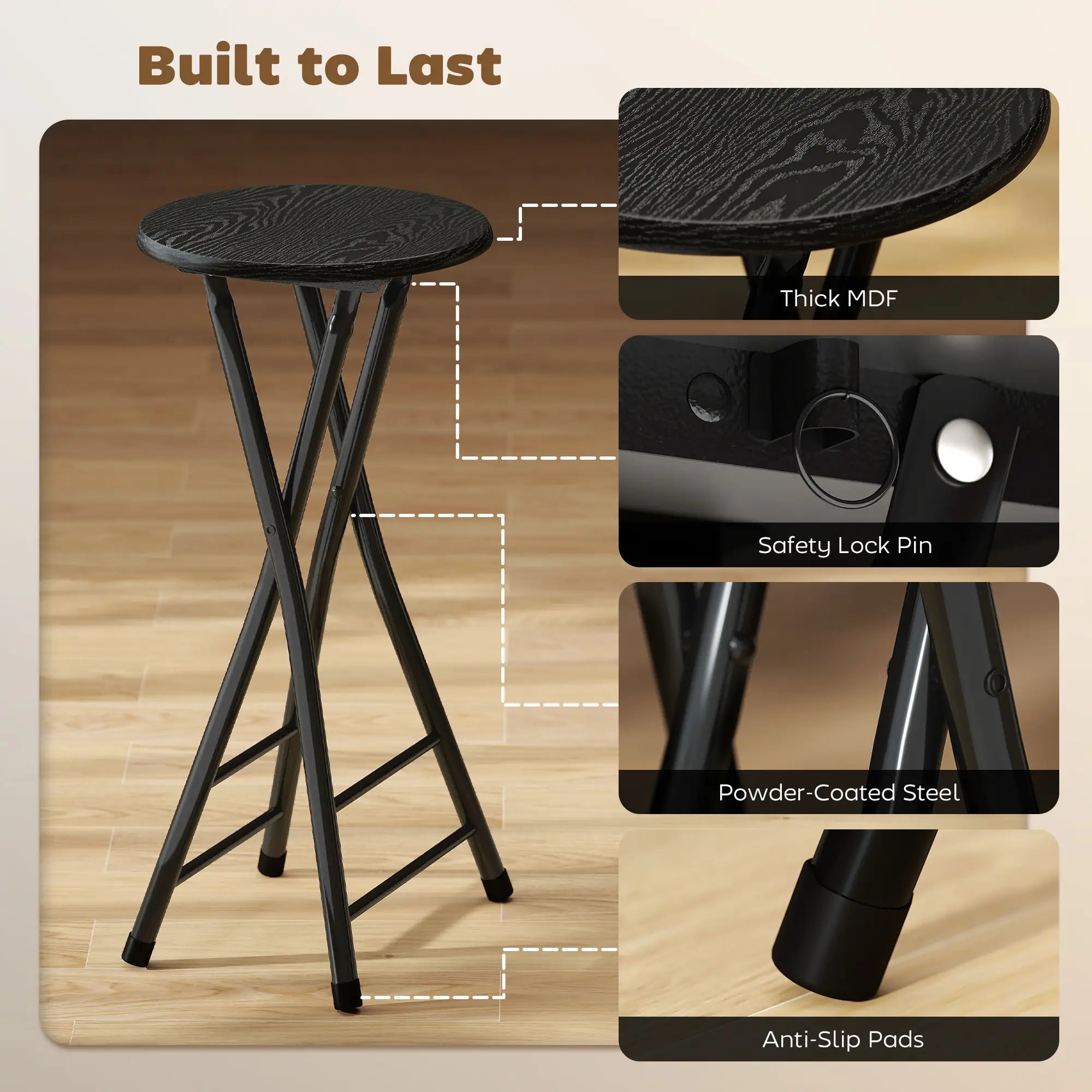 Set of 4 Foldable Barstools, Counter Height with Footrest, Steel Legs, Black Bar Stools at Gallery Canada