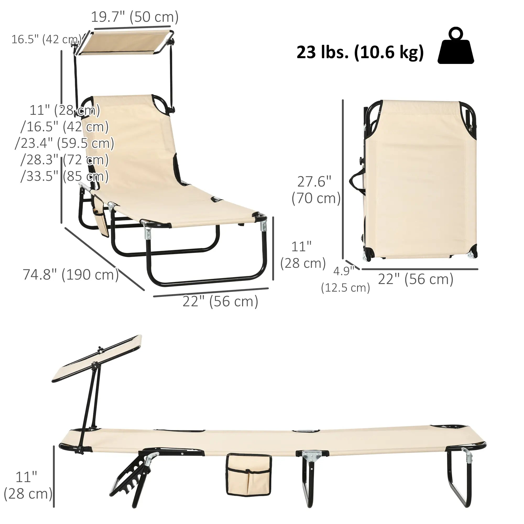 2 Piece Folding Chaise Lounges, Reclining Back, Sunshade, Pool, Beach, Patio Lounger Chairs at Gallery Canada