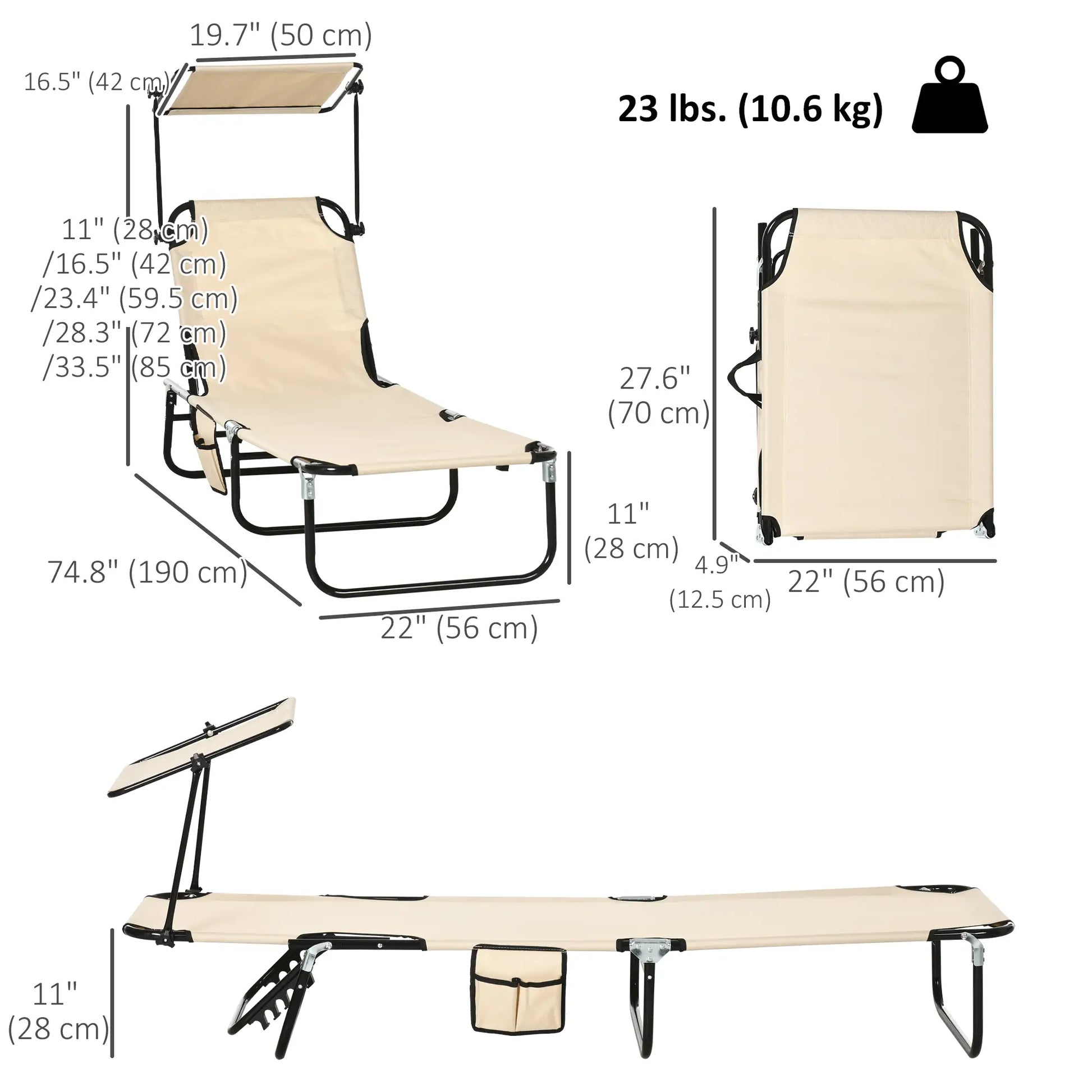 2 Piece Folding Chaise Lounges, Reclining Back, Sunshade, Pool, Beach, Patio Lounger Chairs at Gallery Canada