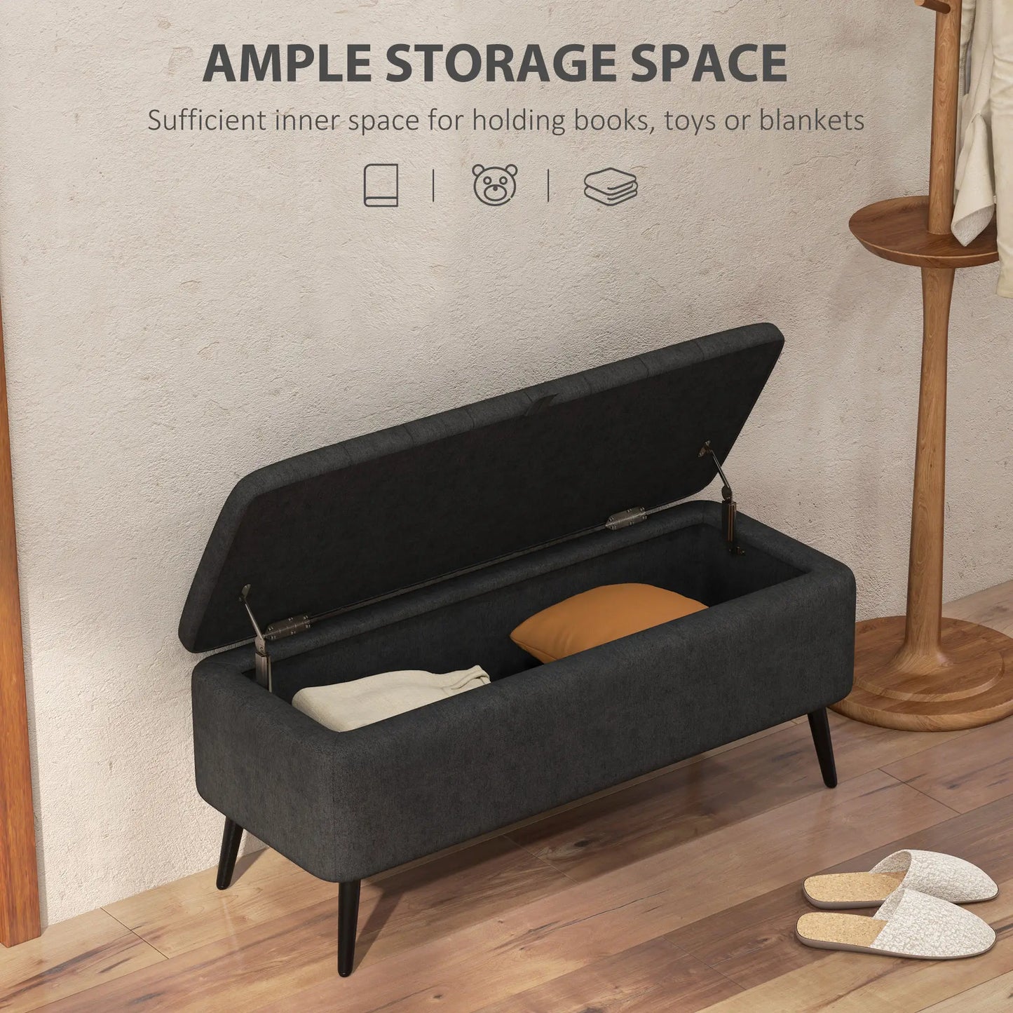 40" Ottoman with Storage, Linen Upholstered Bench, Dark Grey
