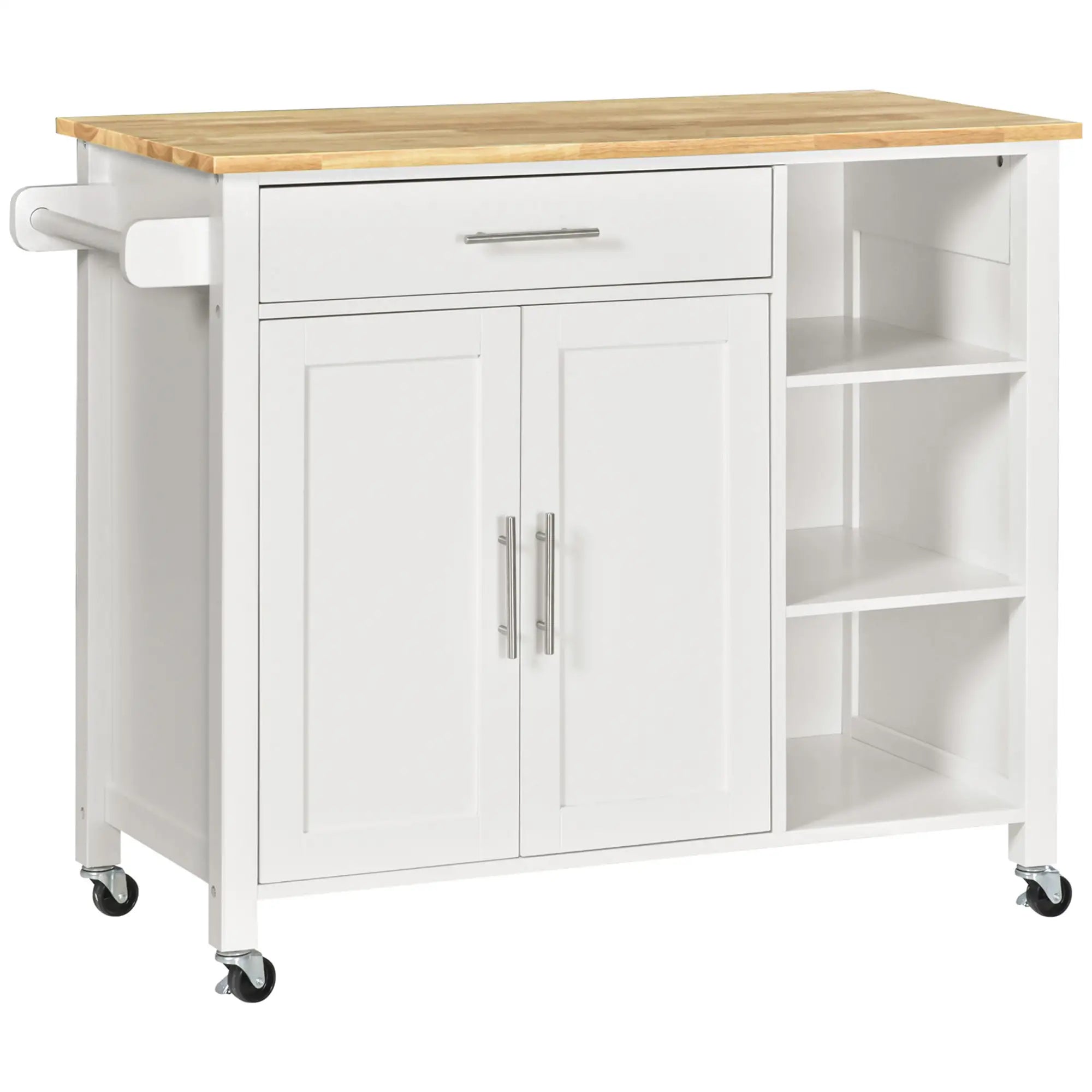 Wooden Rolling Kitchen Island, 360° Swivel Wheels, Drawer, Towel Rack, White Kitchen Islands & Kitchen Carts White and Natural at Gallery Canada