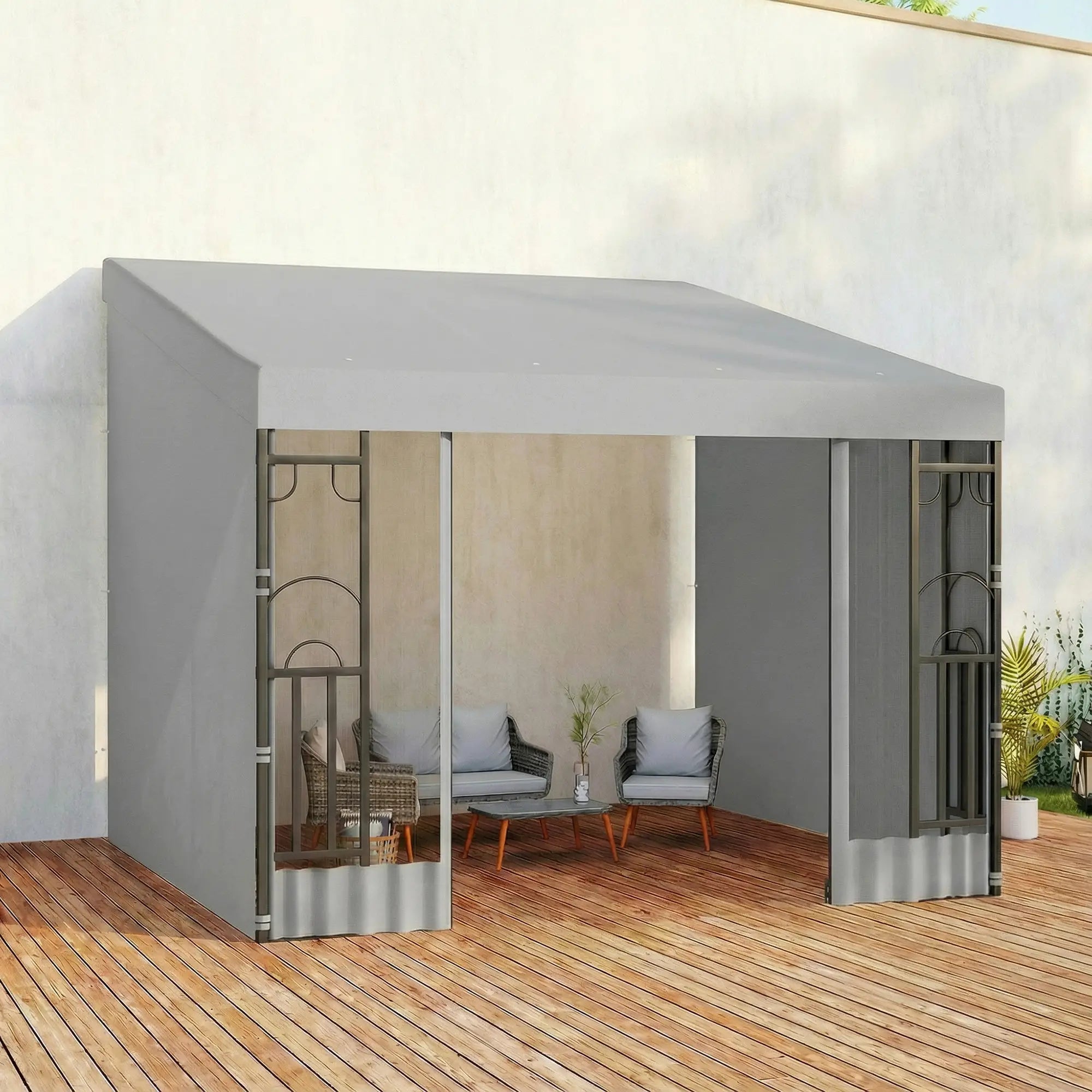 10' x 10' Light Grey Wall Pergola, Outdoor Gazebo with Curtains, Netting, Light Grey Pergolas at Gallery Canada