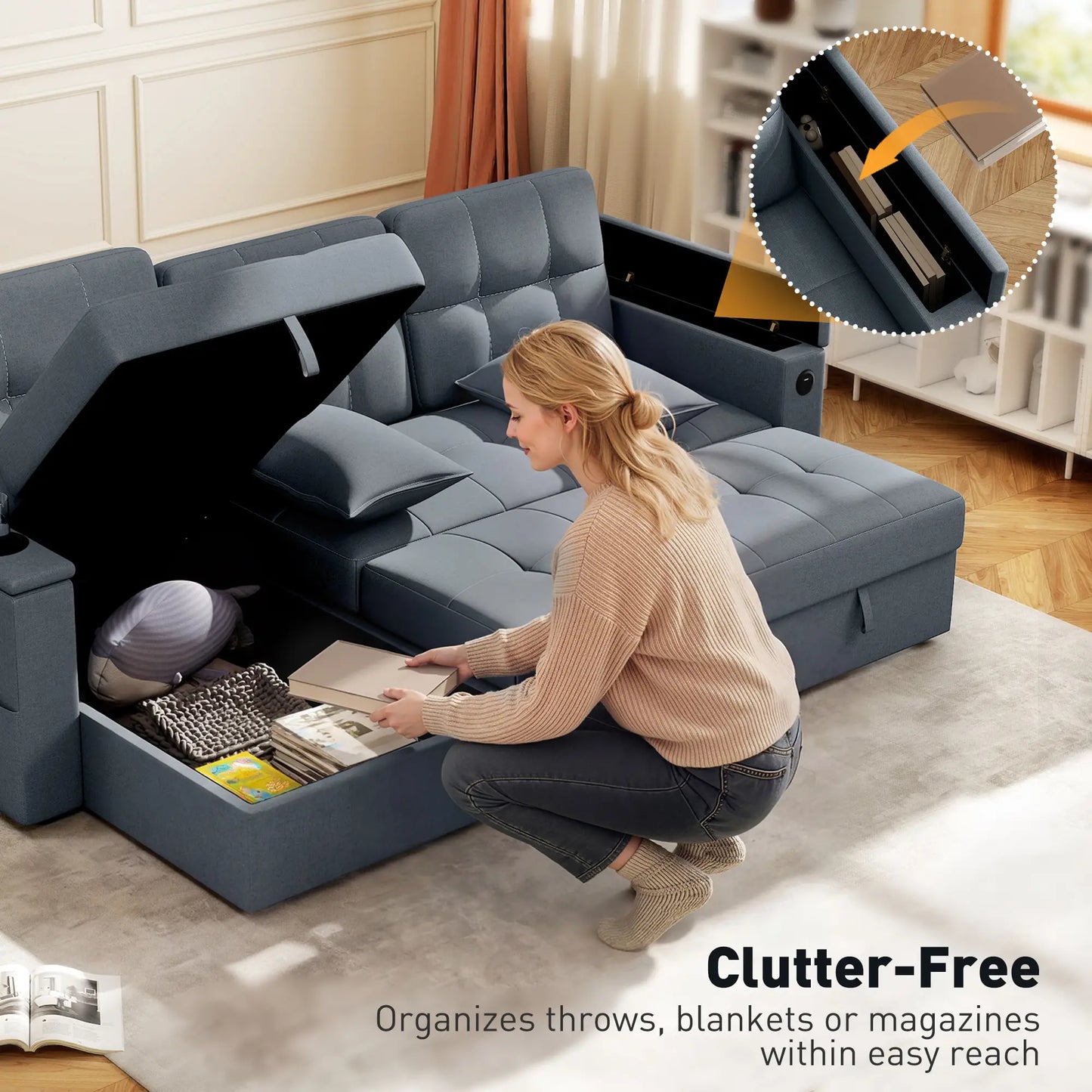 Convertible Sectional Sofa Bed, Pull Out Sleeper, Chaise Storage, Dark Grey Sofas & Reclining Chairs at Gallery Canada