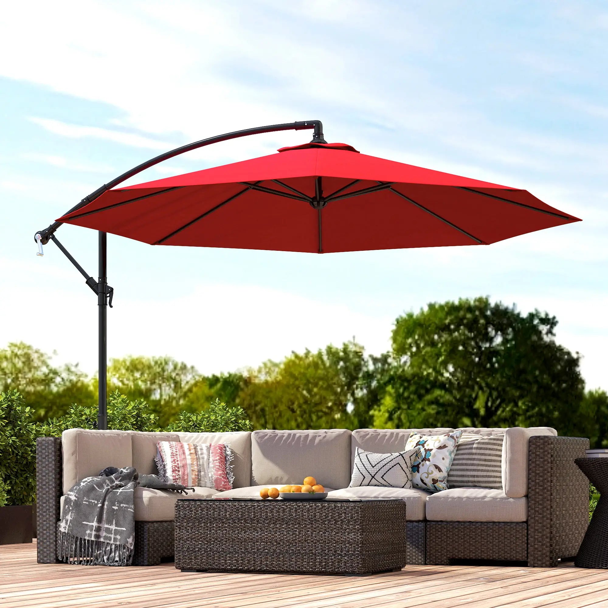9.7ft Offset Patio Umbrella, Crank Handle, 8 Ribs, Cross Base, Wine Red Offset Cantilever Umbrellas at Gallery Canada