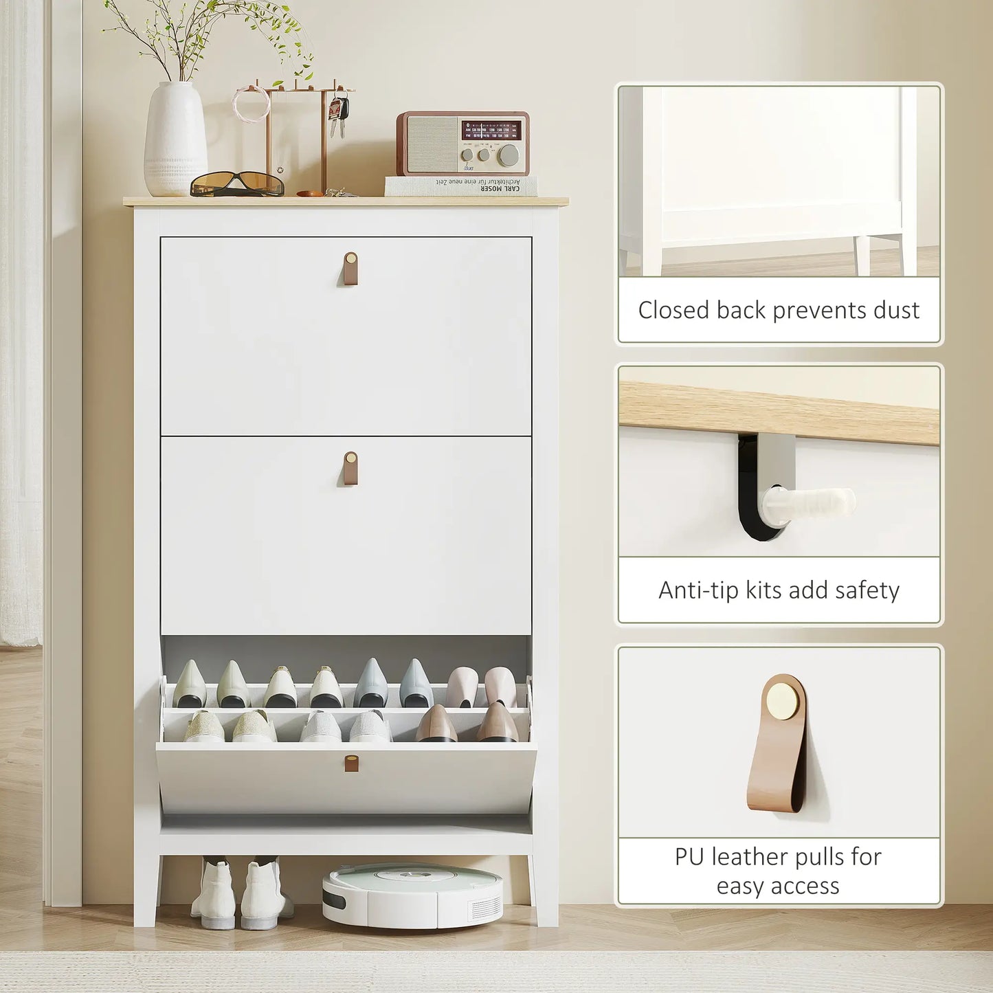 Narrow 3-Flip Drawer Shoe Cabinet, Adjustable Shelves, White Shoe Storage Cabinets & Racks at Gallery Canada