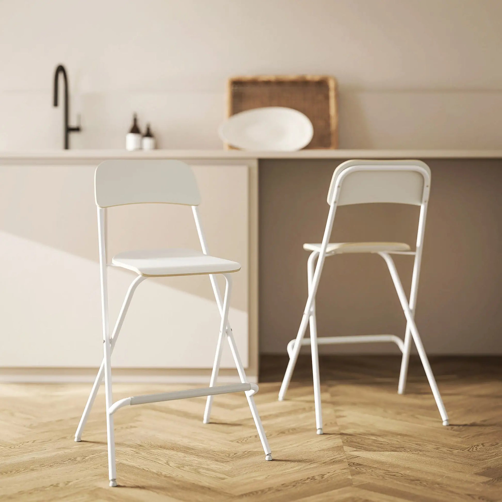 Folding Bar Stools Set of 2, Counter Height, Wooden Effect Seat, Steel Frame, White Bar Stools at Gallery Canada