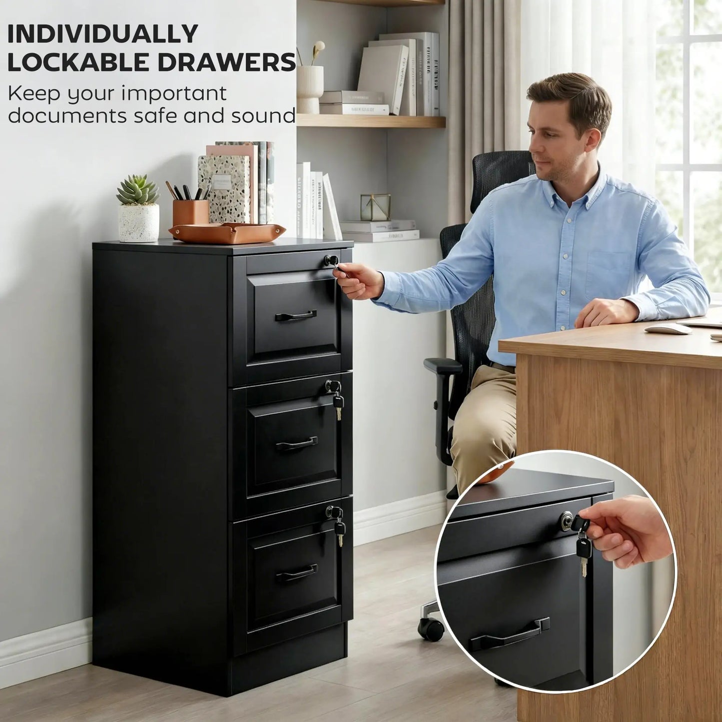 3 Drawer File Cabinet With Lock, Vertical Filing Cabinet, Black Office Cabinets & Cupboards at Gallery Canada