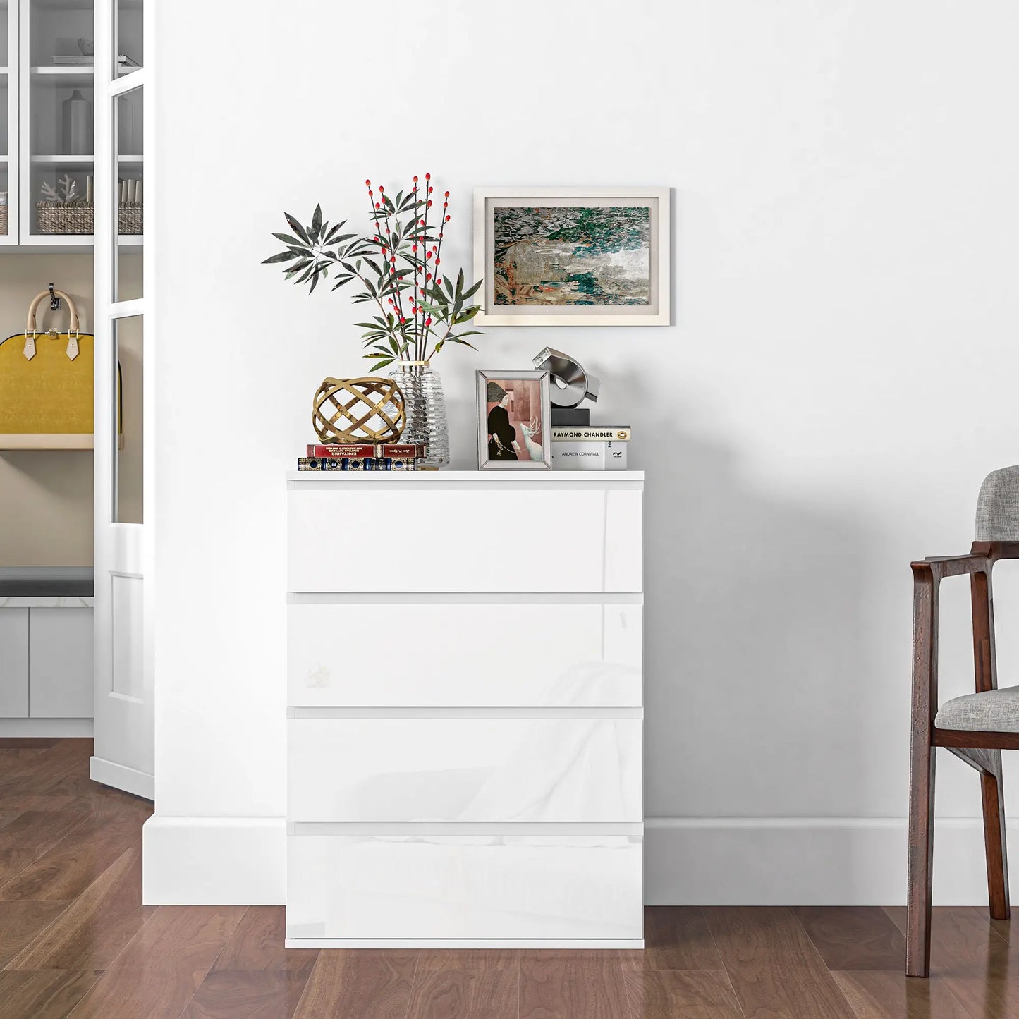 Armoire à 4 tiroirs, Haute brillance, Coffre de chambre, Coulisses en métal, Blanc
