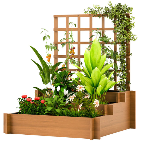 Wooden Elevated Planter Box with Trellis, 3 Tier Raised Garden Bed, Brown