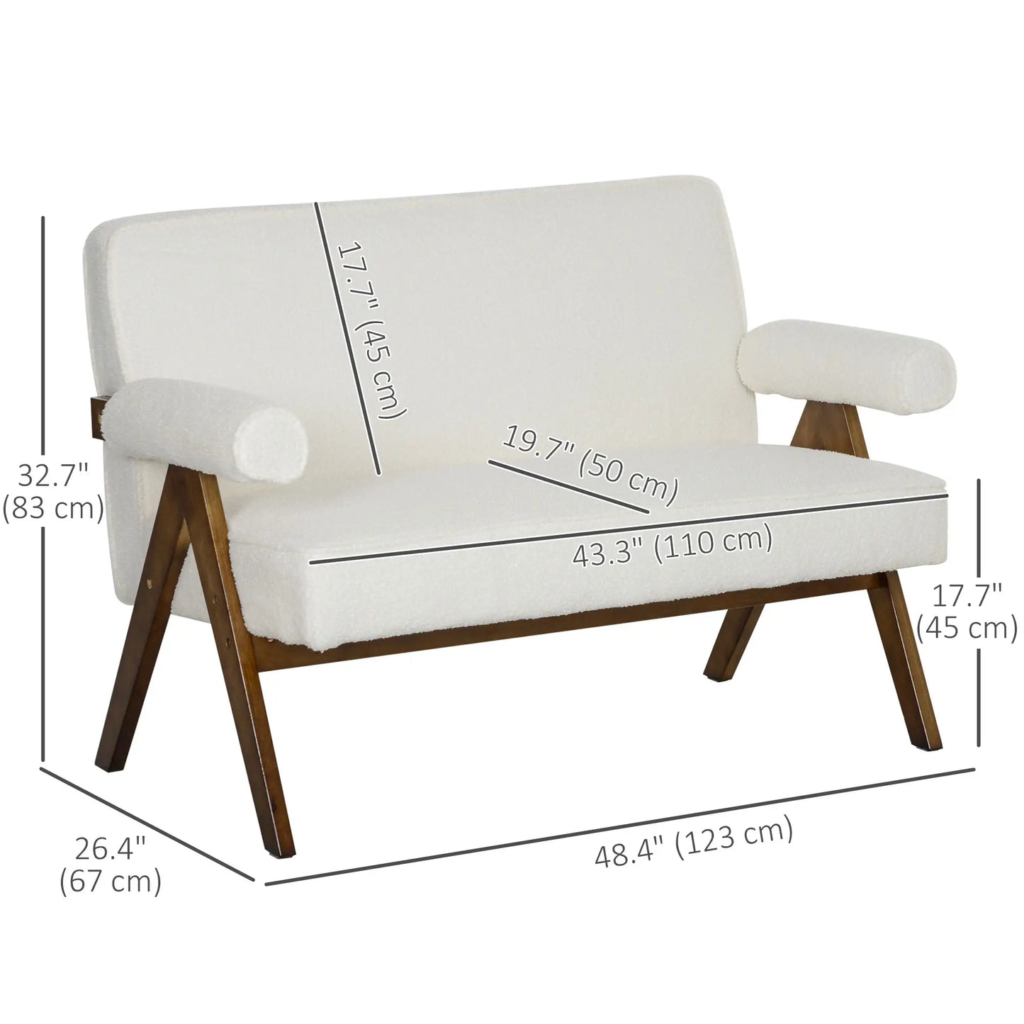 Boucle Fabric 2 Seater Sofa, Small Loveseat, Thick Padding, Wood Legs, Cream White 2-Seater Sofas at Gallery Canada