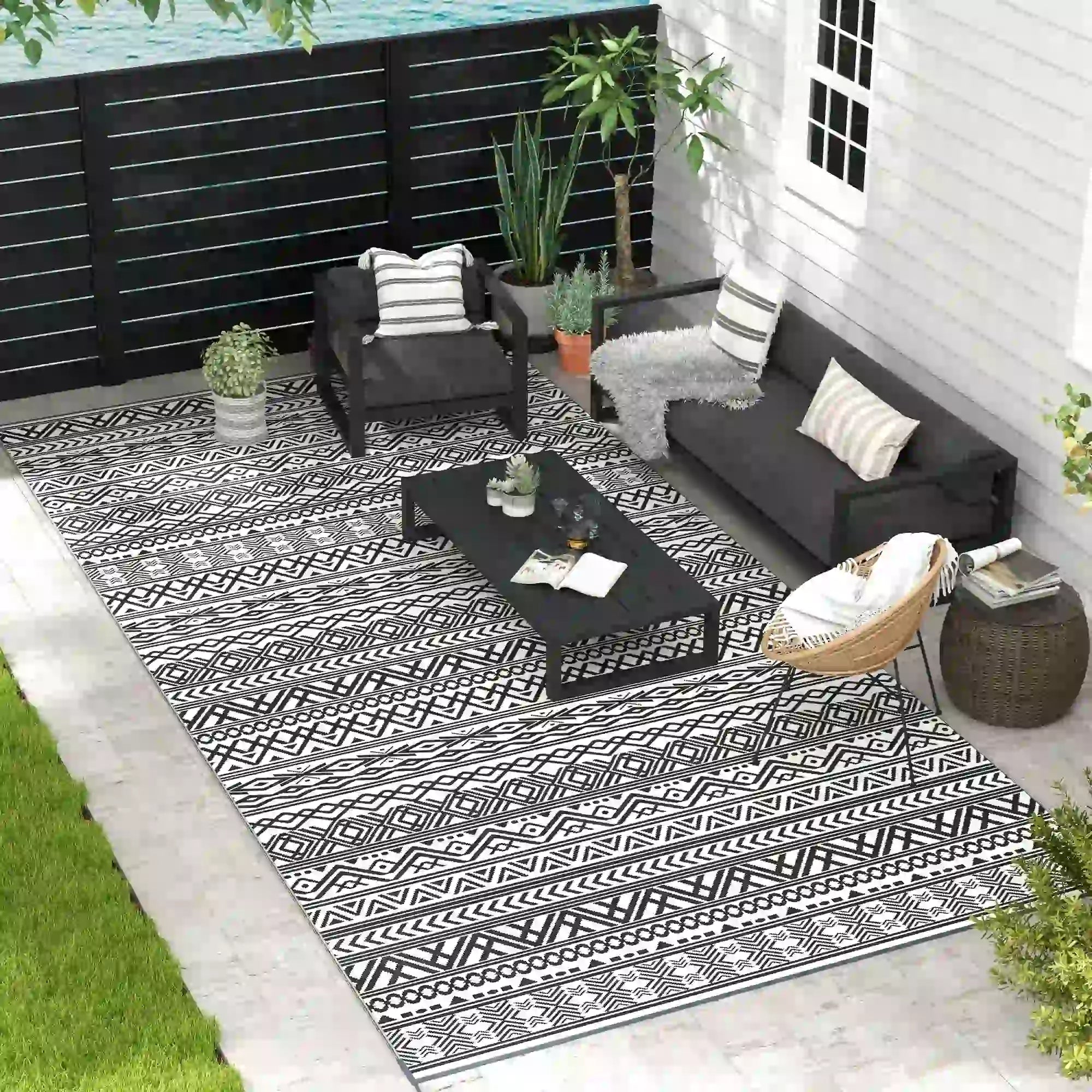 Reversible Outdoor Rug, Waterproof, 9' x 18', Boho, Grey Cream White Outdoor Reversible Rugs at Gallery Canada