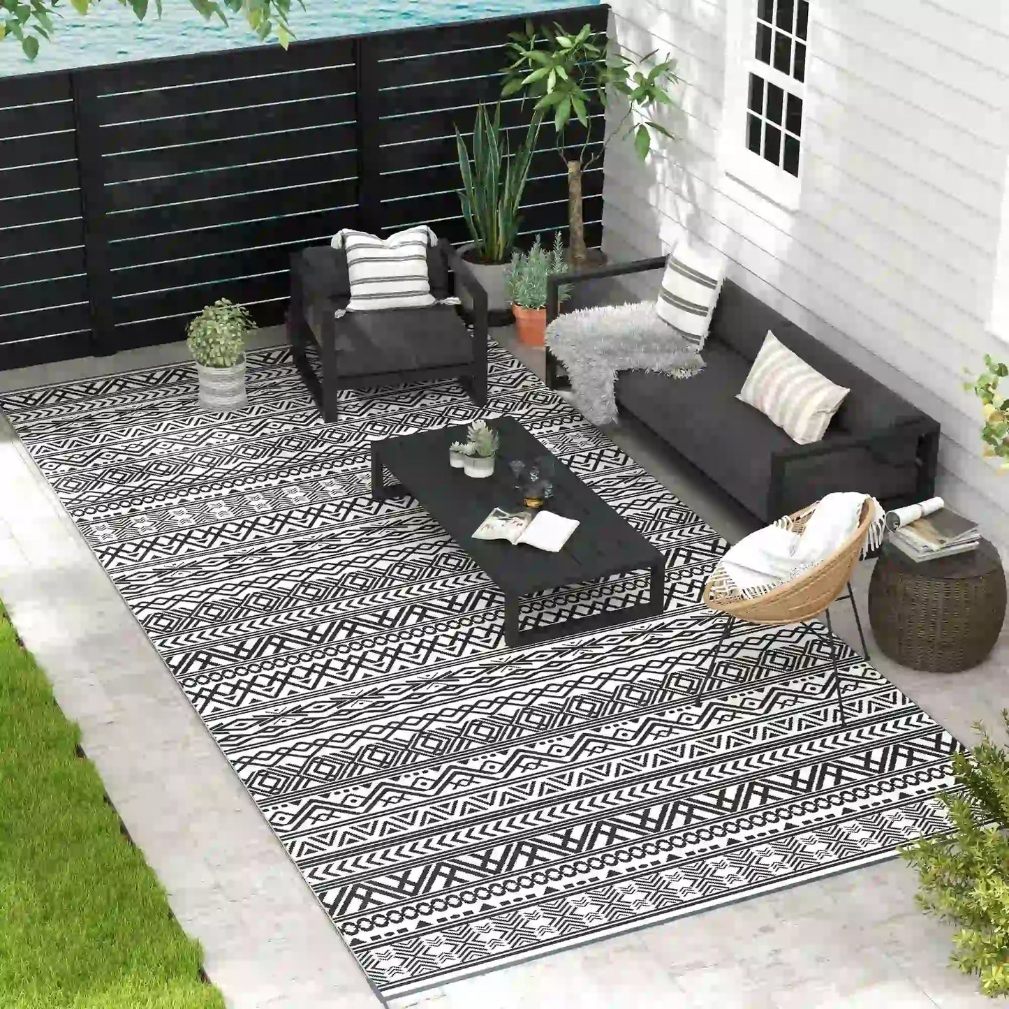 Reversible Outdoor Rug, Waterproof, 9' x 18', Boho, Grey Cream White Outdoor Reversible Rugs at Gallery Canada