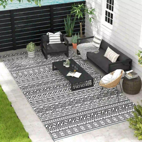 Reversible Outdoor Rug, Waterproof, 9' x 18', Boho, Grey Cream White