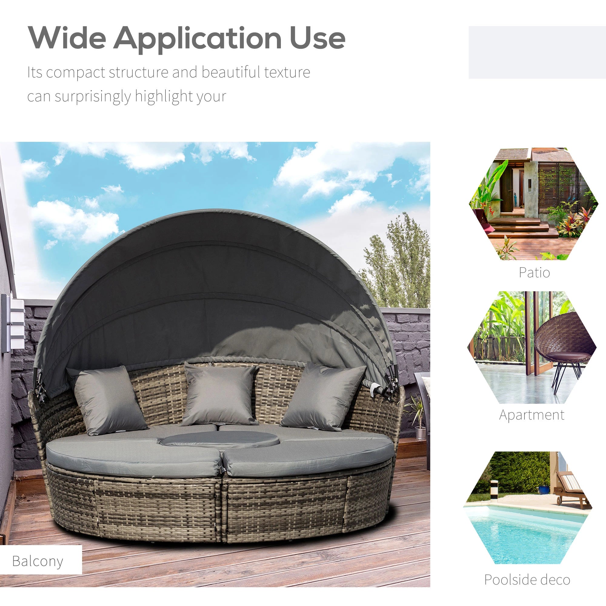 Outdoor Daybed with Canopy, PE Rattan Round Sofa, Patio Set with Cushions, Grey Daybeds at Gallery Canada