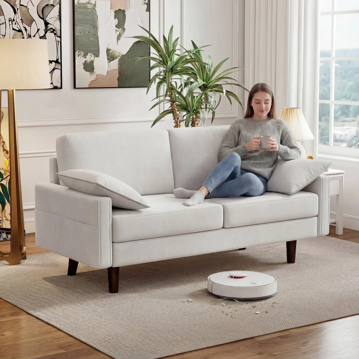 3 Seater Sofa, Velvet Upholstered Couch, Cream White 3-Seater Sofas at Gallery Canada