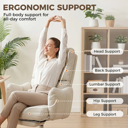 Chaise de bureau inclinable ergonomique avec repose-pieds, crème